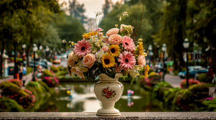 A beautiful white ceramic vase with pink and yellow flowers