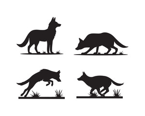 coyote standing on hill & desert, walking grass with pups, running Vector silhouette illustration design set collection, coyote silhouette, coyote standing silhouette, coyote on hill vector, desert,