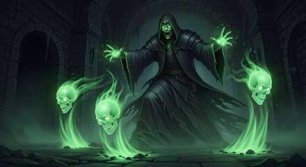 Green spectral creatures emerging from darkness controlled by a powerful spellcaster in a haunted environment