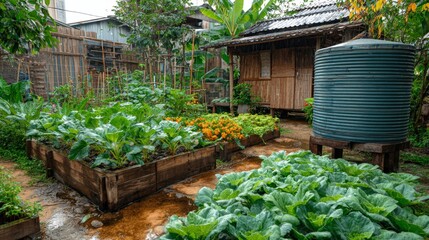 Vibrant and Lush Organic Vegetable Garden in Rural Setting Featuring Fresh Produce and Rainwater Collection System for Sustainable Living