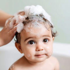 Little baby girl enjoying a bath and hair washing