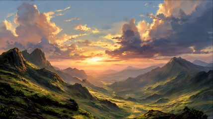 A breathtaking landscape painting of mountains