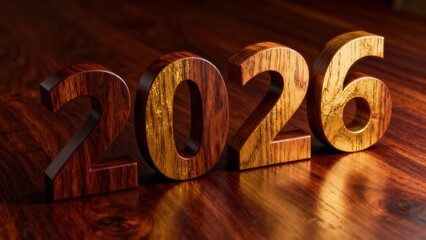 Three dimensional wooden numbers representing the year two thousand twenty six sit on a polished surface