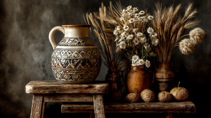 A clay jug with boho patterns and ornaments, old wooden stool next to vases filled