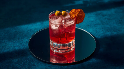 a red cocktail with ice and garnish on a blue surface