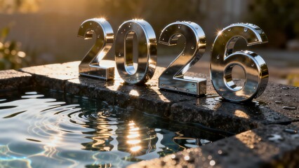 Shiny metallic numerals representing the year twenty twenty six rest upon wet stone beside rippling water outdoors