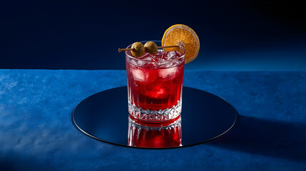 a red cocktail with an orange slice on top