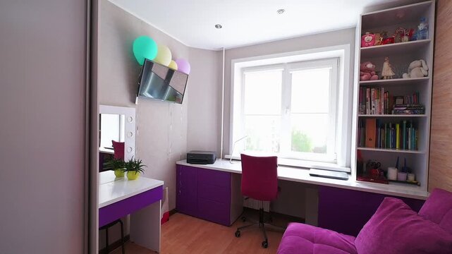 Vibrant children's room with a purple sofa, matching desk, and built-in bookshelf. Features a large window, colorful balloons, and a mirrored closet for a playful space