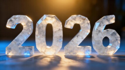 Crystalline numerals signifying the year two thousand twenty six illuminated by dramatic lighting
