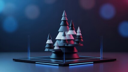 A futuristic, digital Christmas tree with a glass base and neon lights.