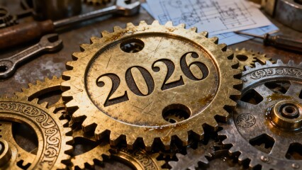 Prominent brass gear displays the future year twenty twenty six amidst metal mechanisms and engineering drawings