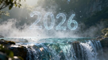 Glowing ethereal numbers marking the year two thousand twenty six appear above a misty waterfall in a lush natural setting