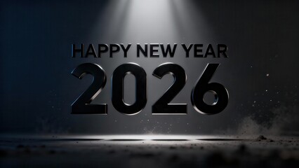 Metallic text reading Happy New Year 2026 floats dramatically above a dusty, dark stage illuminated by spotlights