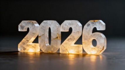 Luminous crystal numbers display the year two thousand twenty six in a dark setting