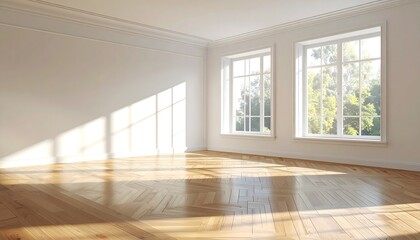 Fototapeta premium Sunny room with large windows and wooden floor, bathed in natural light