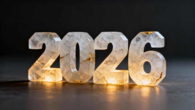 Luminous crystal numbers display the year two thousand twenty six in a dark setting