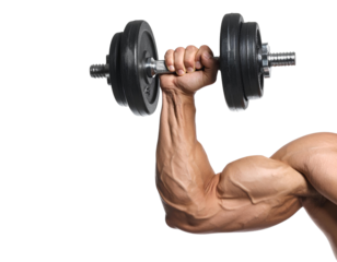 Strong male arm holding a dumbbell for fitness concepts, isolated on a transparent background, PNG 