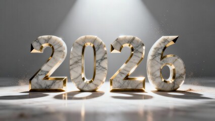 Three dimensional numerals representing the year two thousand twenty six displayed with luxurious stone and metallic accents