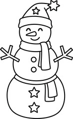 Cute Snowman Character Wearing a Scarf and Star-Adorned Hat, Happy Winter Holiday Mascot Ready for Christmas Fun, Black Outline Drawing.
