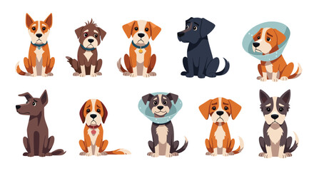 Obraz premium Collection of ten sad and sick cartoon puppy characters, including some wearing Elizabethan collars after a visit to the vet.