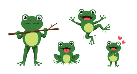 Obraz premium Set of four cheerful green cartoon frogs in different happy poses, including jumping, holding a stick, and being in love.