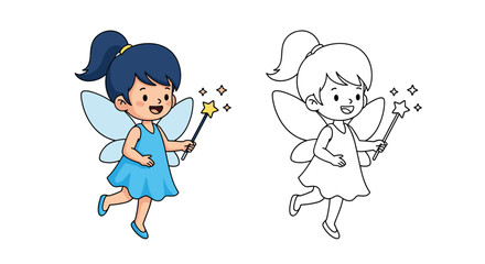 Cute cartoon fairy girl with blue hair and wings holding a magic wand with a star, shown in color and as a coloring outline.