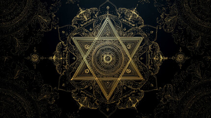 A digital art depiction of the Star of David, adorned with intricate patterns and symbols