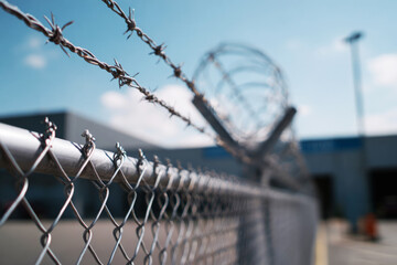 A high steel fence with barbed wire encloses a warehouse. The photo shows a clear blue sky above and distant buildings in the background during the day