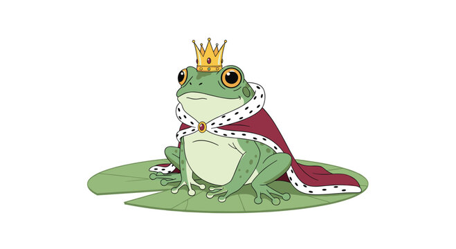 Regal frog prince or king character wearing a golden crown and a royal red cape, sitting majestically on a green lily pad.