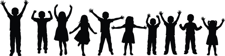 Horizontal Banner of Ten Happy Black Silhouettes of Diverse Children Cheering and Jumping with Raised Hands, Symbolizing Freedom, Community, and Joy