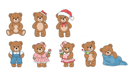 A charming collection of cute cartoon teddy bear characters in different outfits and poses, including wearing Santa hats, dresses, and sleeping.