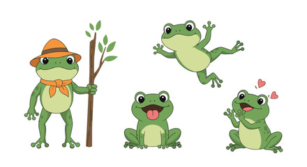 Obraz premium A charming set of four cute cartoon frog characters in different poses: hiking with a stick, jumping for joy, sitting with tongue out, and blushing with love.