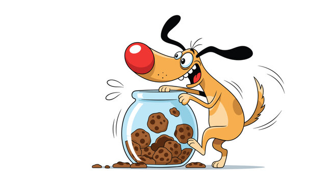 A funny cartoon dog with a big red nose excitedly caught in the act of sneaking chocolate chip cookies from a clear glass jar.
