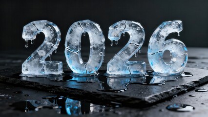 Translucent numbers representing the year 2026 are sculpted from melting ice resting upon dark stone