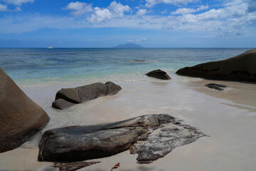 View of the picturesque tropical Beau Vallon Beach in Mahe, Seychelles, on the Indian Ocean