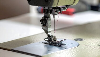 Intricate detail of an industrial sewing machine's needle and red thread, ready to begin precise stitching, showcasing the focused craftsmanship and automated textile creation process