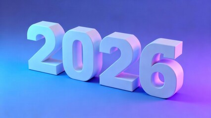 Three dimensional white numerals representing the year two thousand twenty six rest on a colorful illuminated surface