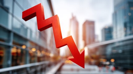 Dramatic Downward Trend in Business Graph with Red Arrow Symbolizing Decline Against Urban Background of Modern Skyscrapers and Cityscape