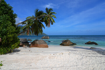 View of the picturesque tropical Beau Vallon Beach in Mahe, Seychelles, on the Indian Ocean