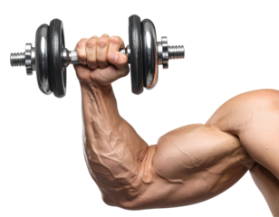 Strong male arm holding a dumbbell for fitness concepts, isolated on a transparent background, PNG