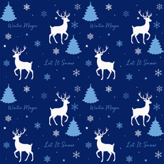 Dark Blue Winter Magic Seamless Pattern with White Reindeer and Snowflakes