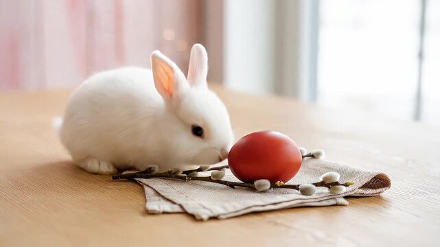 White little bunny sits on a wooden table next to a red dyed Easter egg with blooming pussy willow branches. Cozy, pastel colored, minimalist indoor setting and a cute rabbit as paschal symbol