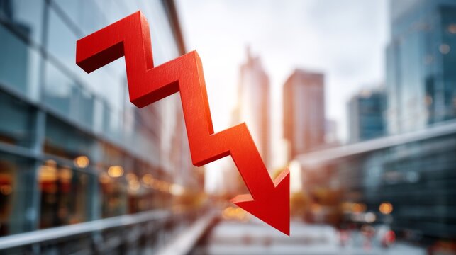 Dramatic Downward Trend in Business Graph with Red Arrow Symbolizing Decline Against Urban Background of Modern Skyscrapers and Cityscape