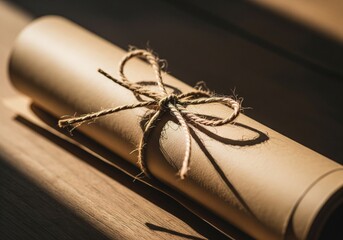 Kraft paper roll with rustic twine on wooden surface 