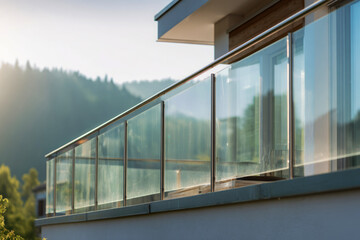 Fototapeta premium This modern house features a transparent glass terrace railing that provides a clear view. The open space allows natural light to fill the area and enhance the simple design
