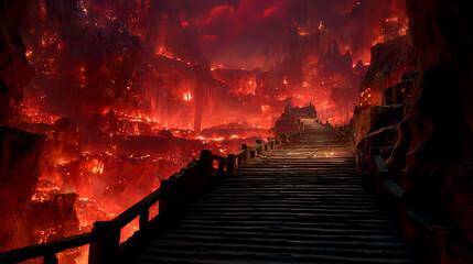A huge hell with many demons and stairs, a fiery abyss full of souls in the background