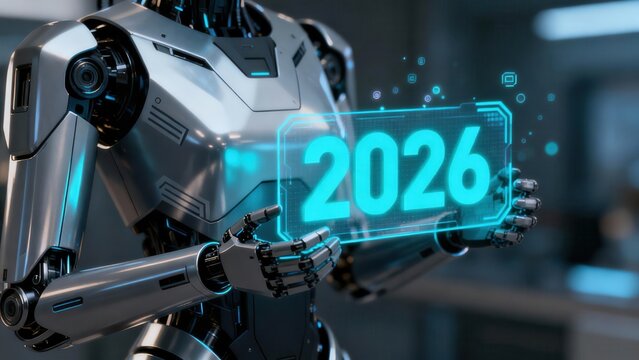 Sophisticated humanoid machine displays glowing digital numerical representation of the year two thousand twenty-six - Powered by Adobe