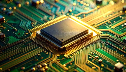 Macro view of an advanced computer processor or microchip on a green circuit board, symbolizing modern digital technology, computing power, and intricate electronic design