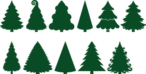 Assortment of Green Christmas Tree Silhouettes on White Background holiday decoration