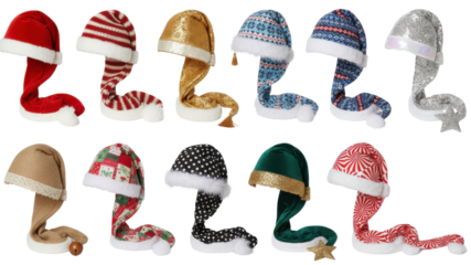 Collection of Festive Christmas and Holiday Santa Hats Isolated on White Background
